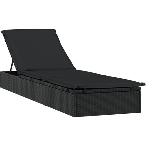 Tumbona tumbona cama solar cama de jardín mobiliario de terraza con cojín negro 201x55x62 cm resina trenzada 020012497