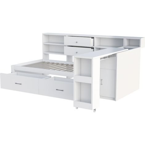 Cama individual multifunción 90 x 200 cm con almacenaje, blanca (1/5)