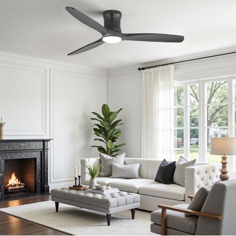 Ventilateur de plafond avec lumière 132 cm métal et bois noir mat, extra-plat, télécommande - CHICFURN (1/5)