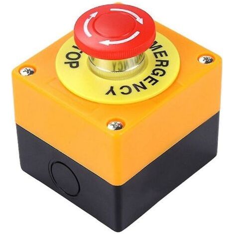 Red mushroom emergency stop push button, with 1 normally open (NO) contact and 1 normally closed (NC) contact, capable of withstanding up to 10A at 660V. (1/4)
