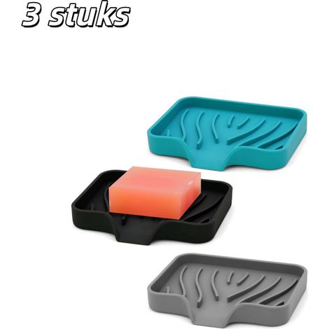 Lot de 3 porte-savons en silicone avec trous d'égouttage, porte-éponge pour évier, pour salle de bain, lavabo et cuisine, gris, vert et noir (1/5)