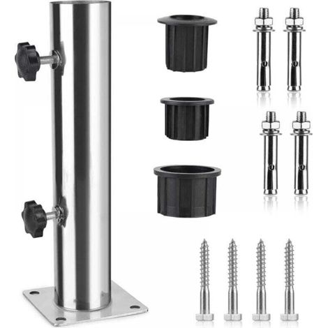 Tube Parasol, XU, Pied de Parasol, Support Parasol en Acier Inoxydable Réglable avec 3 Anneaux de Réduction en PVC (32/38/48mm), Pied pour Parasol avec 8 Clous en Acier - KZQ
