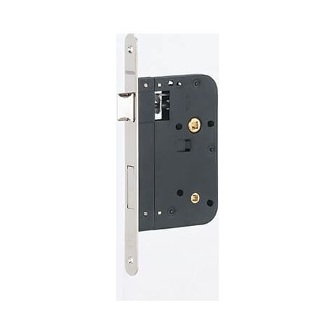 Serratura da incasso per bagno e WC, asse 70 mm, piastra tonda, nero, piastra frontale nichelata - THIRARD