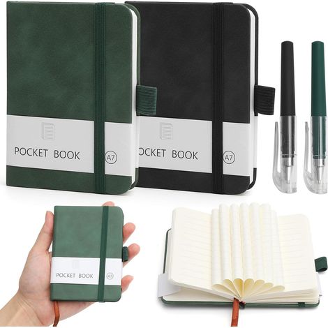 Juego de 2 minicuadernos con bolígrafo, cuaderno para diario, bloc de notas pequeño con 200 páginas, bloc de notas A7, bloc de notas pequeño con cierre elástico. (1/5)