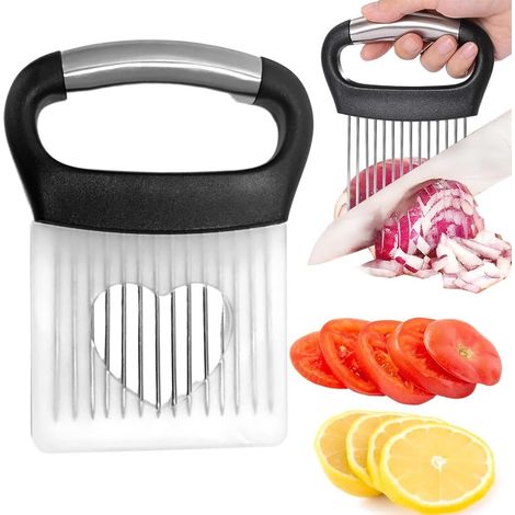 Soporte para cortar cebollas de acero inoxidable, con funda protectora, cortador de limones, cortador de verduras, asistente para cortar alimentos, para patatas, carne, cebollas, verduras
