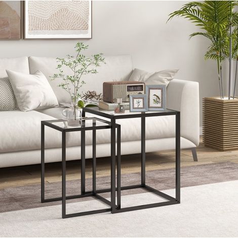 Lot de 2 tables basses gigognes 42x42x51 cm et 33x33x45,5 cm noir verre trempé acier MEUBLIV (1/5)
