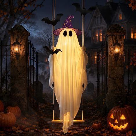 Fantôme Lumineux Suspendu Halloween 1,5 m, Décoration Extérieure avec LED, Chapeau et Chauves-Souris, pour Jardin, Terrasse, Porche et Arbre (1/5)