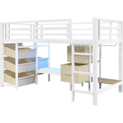 Lit mi-hauteur 90 x 200 cm en métal blanc avec coussin, rangement et LED (1/5)