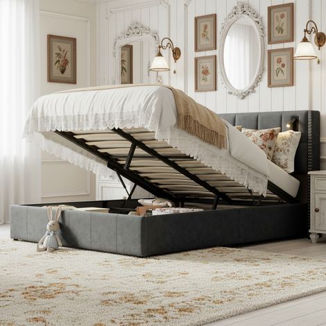 Lit double 140x190 avec rangement, lit coffre recharge et 2 liseuse intégrées - Tissu flannel doux, sommier à lattes - Gris (1/5)