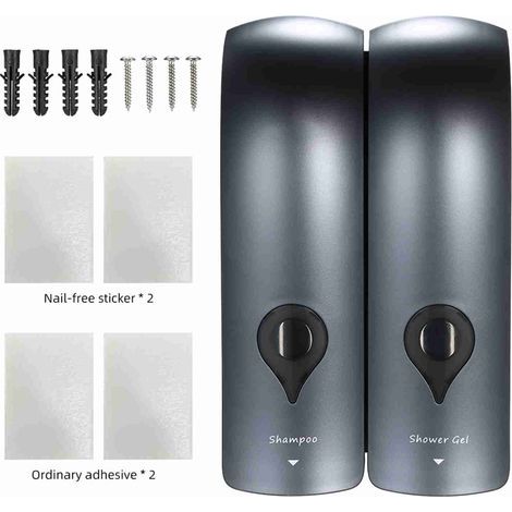 Lot de 2 Distributeurs de Savon Manuel 300 ML, Distributeur de Savon Liquide, Distributeur Mural, sans Perçage à Double Tête, Distributeur de Shampooing, pour Salle de Bain,gris (1/5)