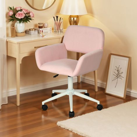 Chaise de bureau à roulettes en velours côtelé rose et blanc (1/5)