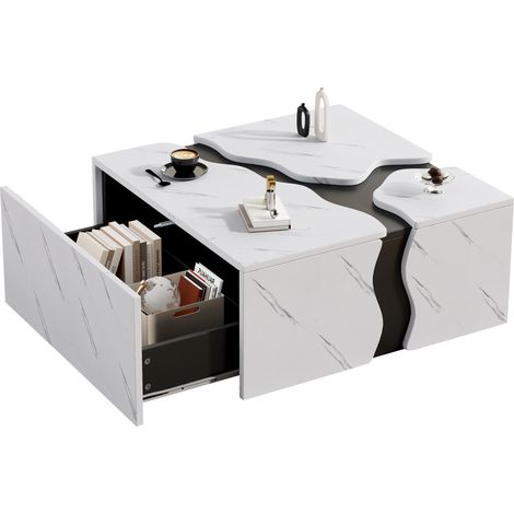ELVMI Tavolino da Salotto con 1 Cassetto ad Apertura a Pressione, Finitura Marmo, Piano Quadrato in Truciolare Bianco (1/5)