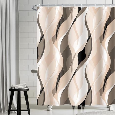 Rideau Douche Anti Moisissure, Rideau de Douche Crème Abstrait Rayures Brun Rayé Rideaux de Baignoire Tissu Imperméable Polyester Lavable Rideaux Salle de Bain avec 12 Crochets 200x180cm (1/5)