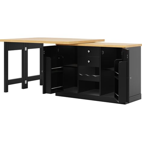 Table îlot de cuisine extensible 120-197 cm, plateau pivotant 360°, avec rangement pour vin et snacks, portes magnétiques, blanc/noir (1/5)