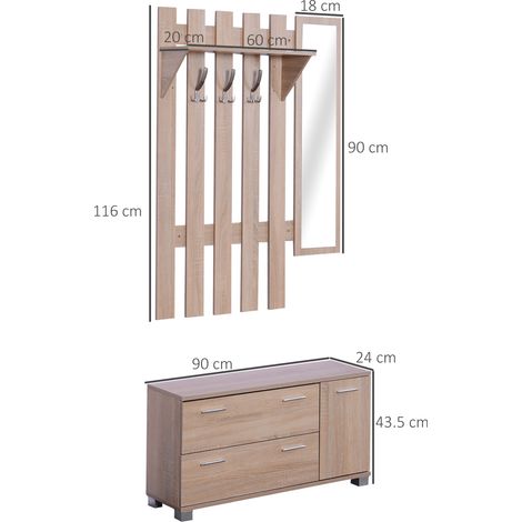 Ensemble de meubles de rangement 3 en 1 avec miroir et étagère à chaussures pour l'entrée, en panneaux de particules, 90 x 21,5 x 116 cm, chêne. (1/5)