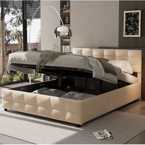 lit adulte coffre rangement hydraulique 180x200 beige OKMYHOME (1/5)