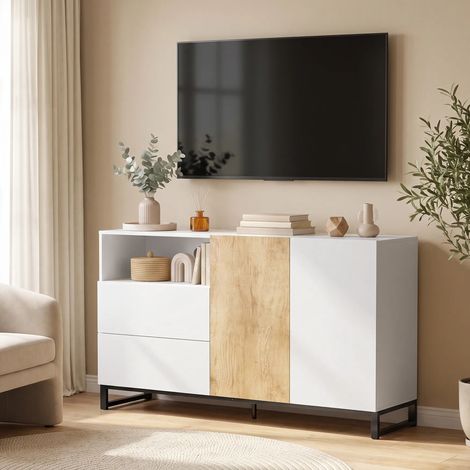 Buffet de salon en blanc et chêne, meuble de rangement 2 portes à fermeture amortie, 2 tiroirs, étagère ajustable, armoire basse moderne (1/5)
