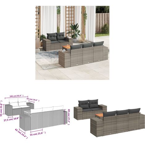 6-tlg. Garten-Sofagarnitur mit Kissen Grau Poly Rattan - Gartensorte - Gartenmöbelset - Outdoor Möbel - Lounge Set - Rattan Gartenmöbel - Home & Living