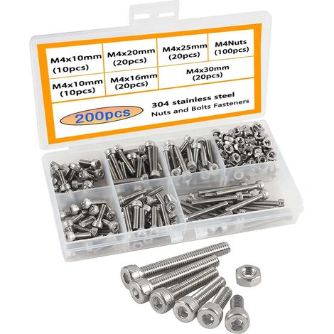 lot de 200 vis m4,acier inoxydable 304,tête hexagonale creuse,avec 100 écrous,pour réparation mécanique (1/5)