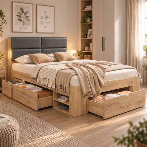 Lit double enfant 140 x 200 cm avec USB, tiroirs et grand rangement, tête de lit rembourrée en PU, sans matelas, MDF, Naturel (1/5)