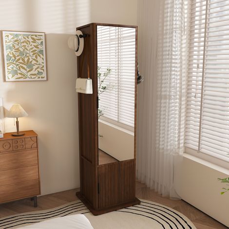 Armoire pivotante 360° avec miroir plein pied et crochets intégrés, meuble de rangement vêtements en MDF, gain de place, noyer foncé (1/5)