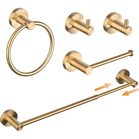 Juego de accesorios de baño de 5 piezas: toallero ajustable, aro para inodoro, portarrollos y 2 ganchos, acero inoxidable SUS304, color negro. (1/5)