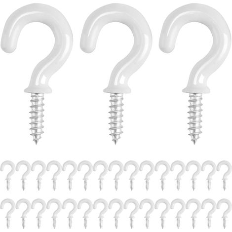 Juego de 30 ganchos de techo atornillables, recubiertos de PVC, aptos para uso interior y exterior - 1/2 pulgada, blancos (1/4)