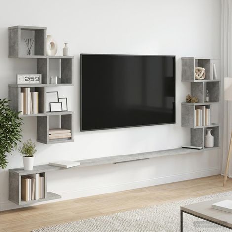 Étagère murale pour téléviseur avec rangement en bois d’ingénierie gris béton 160 x 15 x 94 cm - PANGIVO (1/5)
