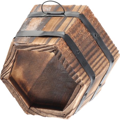Sechseckiger Vintage-Blumentopf/Pflanzgefäß aus Massivholz für Garten, Terrasse und Zuhause (S: Ø 13,5/10,5 cm, H 8 cm) – mit verstärktem Metallständer (1/5)