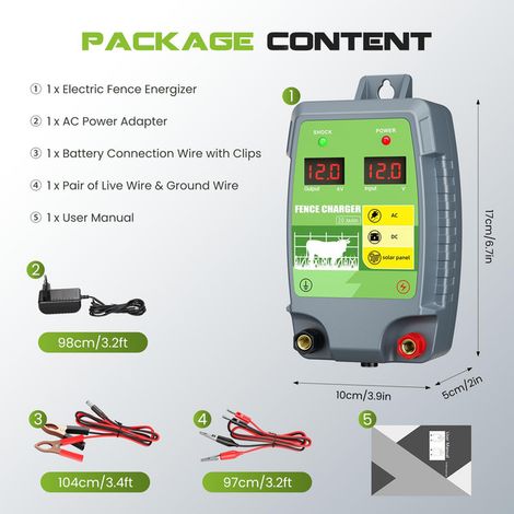 Électrificateur de Clôture Électrique 2 Joules 10 KM pour Animaux Chevaux Vaches Moutons Chiens Alimentation Courant Batterie Panneau Solaire Écran LED