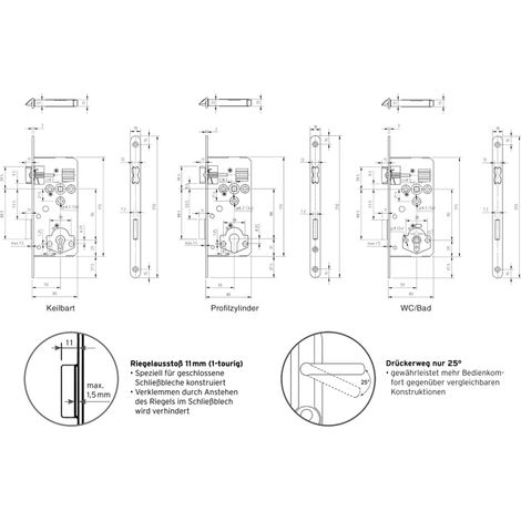 dormakaba Einstemmschloss ERGO, KB, 50/90, ÖNORM, Stulp rund 250x18x3mm verz., LS/RS