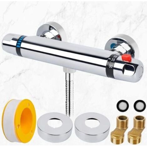 Miscelatore termostatico per doccia, rubinetto termostatico da 150 mm con blocco di sicurezza a 38 °C, miscelatore per doccia a muro in ottone/cromato, controllo della temperatura (20-50°C), miscelato (1/5)