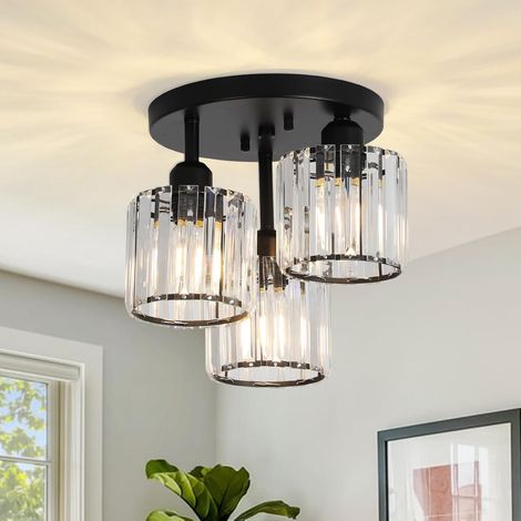 Lustre moderne en cristal, plafonnier à 3 lumières en cristal avec abat-jour en verre, plafonnier noir pour le salon, le couloir, la salle de bain, la chambre à coucher, la cuisine… [Classe énergétiqu
