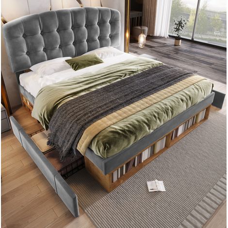 Cama doble 140x190 cm gris de terciopelo con cabecero ajustable, cajones y almacenamiento (1/5)