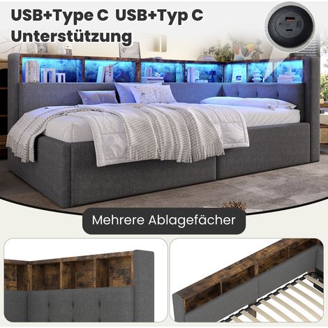 Canapé convertible, banquette-lit 90x200 cm, avec ports USB-C et USB, coffre de rangement hydraulique, tiroirs multiples, éclairage LED RGB, sans matelas ni literie, teinte grise. (1/5)