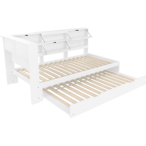 Cama banqueta 90 x 200 cm blanca con cabecero con almacenamiento y cama nido (1/5)