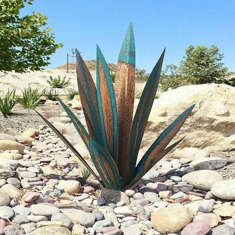 Plante d'agave en métal, pour la décoration de jardin, rouge, sculpture rustique de Tequila, adaptée pour l'intérieur, ornements de pelouse(35cm,Bleu jaune) (1/5)