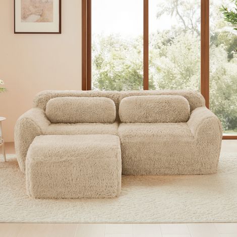Sofá esquinero de dos plazas, tejido suave y afelpado, modular y combinable a gusto, con cojines. Espuma suave de alta resiliencia, no requiere montaje, ideal para espacios pequeños, color caqui.