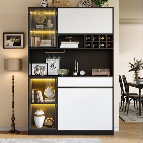 Buffet haut avec LED, vitrine et rangement, 120 x 35 x 180 cm, MDF noir et blanc HAVRYA (1/5)