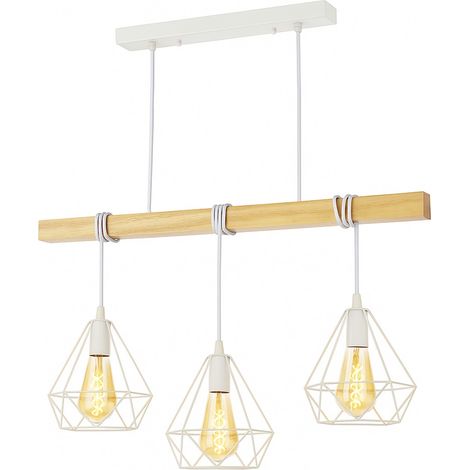 Plafonnier 3 lumières bois et cages métal, E27, blanc rétro 75cm (1/5)