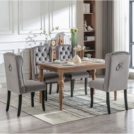 Set di 4 sedie da pranzo in velluto grigio con gambe in legno di rovere HAVRYA (1/5)