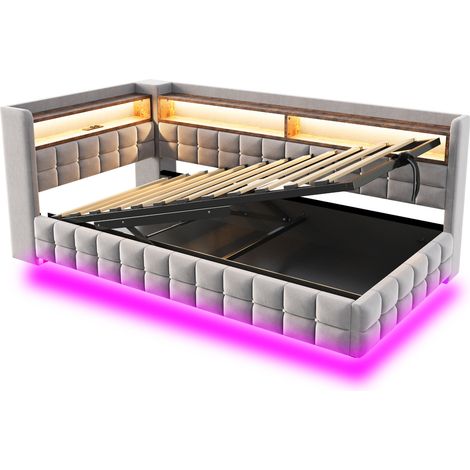 Cama con canapé tapizada 90 x 200 cm con LED, puertos USB-C, USB y terciopelo gris claro (1/5)