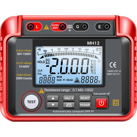 Sjlerst – Testeur d'isolation numérique MH12 1000V – Plage de mesure 0,1 MΩ à 20 GΩ – Affichage LCD 2000 points – Étanche IP54