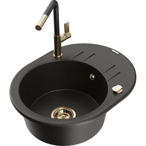 Mexen Kevin lavello in granito a 1 vasca con sgocciolatoio e miscelatore cucina Flora, nero/oro metallizzato (1/5)