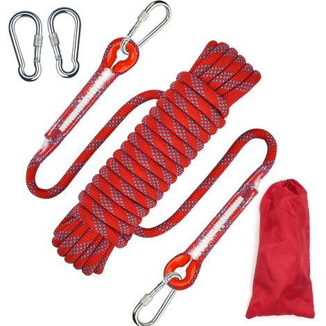 Corde d'escalade d'extérieur - 2 mousquetons - Corde Haute résistance de 8 mm de diamètre,Corde de sécurité tressée en Nylon Longueur 10 m pour la randonnée, Les Accessoires de Sport et Le Camping (1/5)