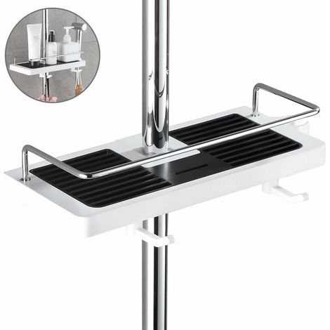 Shower Shelf Caddy for Shower Rail No Drilling Bathroom Shelf Storage Rack, Shower Pole Shelf Bathroom Shower Shelf, Shower Organiser with Buckle and Shower Head Hook.Black and white round holes (1/5)