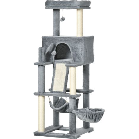 Tiragraffi per gatti con pali in sisal, casetta, lettino e amache, grigio 48x48x140cm (1/5)