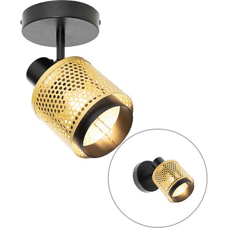 QAZQA kayden - Spot mural et plafond - 1 lumière - L 12 cm - Noir et Or - Rustique - éclairage intérieur - Salon I Chambre I Cuisine I Salle à manger