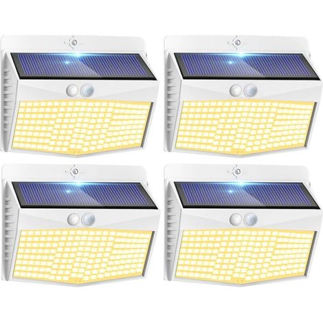 Lampe Solaire Exterieur Detecteur de Mouvement Lot de 4, LED Lumiere Extérieur avec Détecteur, 3 Modes/etanche Spot Solaire, Eclairage Extérieure pour Jardin Murale Garage, Blanc Chaud (1/5)