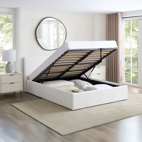LUNA 4FT6 Double White Ottoman Storage Bed with Gas Lift, Faux Leather Fabric